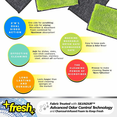 Fresh Professional Microfiber Sponge Cloths, 6-Pack with SILVADUR Odor Control Technology