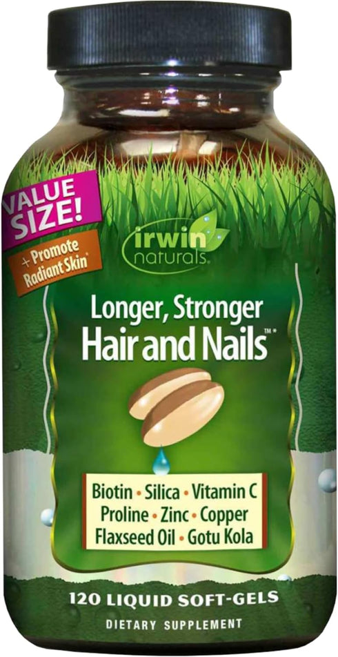 Irwin Naturals Longer, Stronger Hair and Nails - 120 Liquid Softgels, 60 Total Servings, Promotes Vibrant Shine
