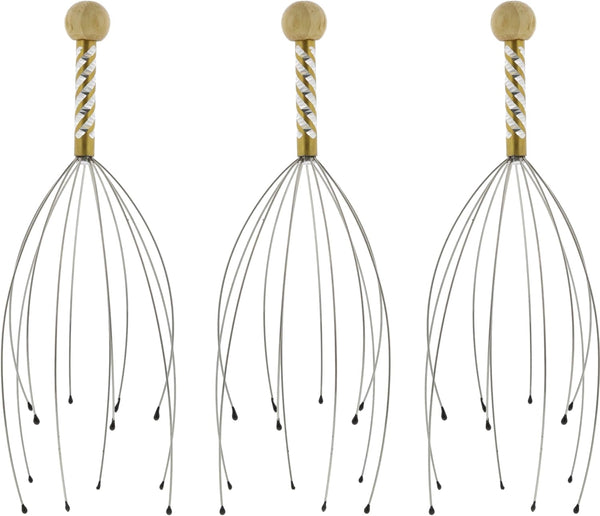 Therapeutic Hand Held Head Scratcher - Steel Wire Scalp Massager with Wooden Handle