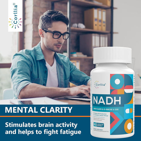 NADH + CoQ10 + D-Ribose Supplement - Enhance NAD+ Supplement for Energy & Fatigue, 60 Capsules
