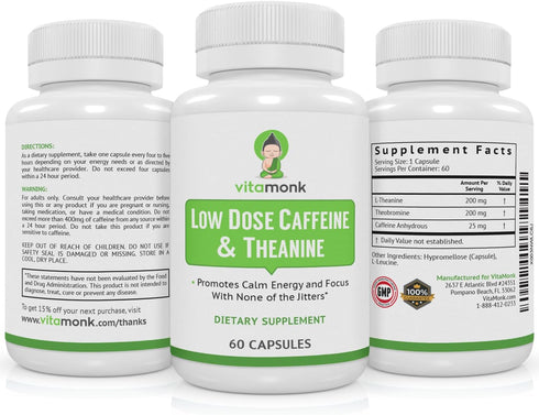 VitaMonk Low Dose Caffeine and Theanine - Microdose of Caffeine L Theanine Pills with 25mg Caffeine, No Jitters, No