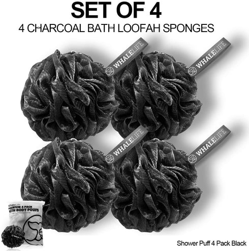 Shower Puff 4 Pack Black Bath Sponge, Shower Loofahs Pouf Ball Nature Bamboo Charcoal Mesh Bulk Puffs, Large Shower