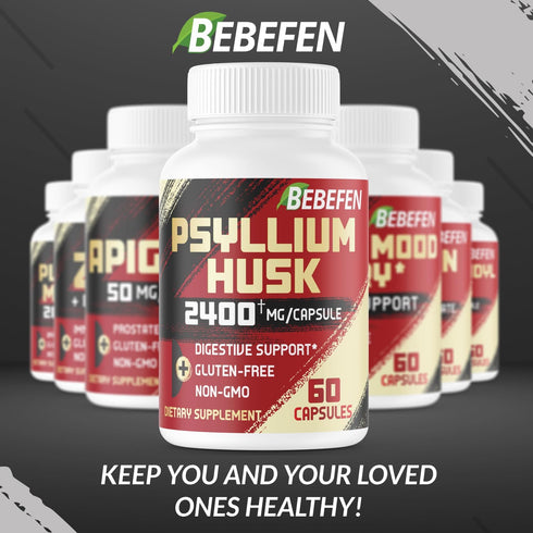 BEBEFEN Psyllium Husk Capsules 2400mg with Black Pepper - 2 Month Supply, Non-GMO, Gluten-Free Daily Fiber