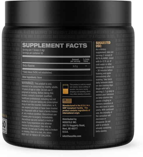 HOSSTILE Beta-Alanine Powder, Pre Workout, Delays Muscular Fatigue, Increases Strength & Performance, Unflavored