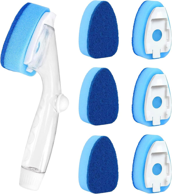 Dishwand Refills Soap Control Handle, 6 Heavy Duty Sponge Heads, Non Scratch Scrubbers Replacement for Dishwashing