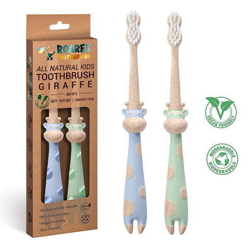ROARex Vegan Eco Friendly Kids Toothbrush Made from Plants – Sweet Baby Giraffe | 100% Biodegradable Compostable