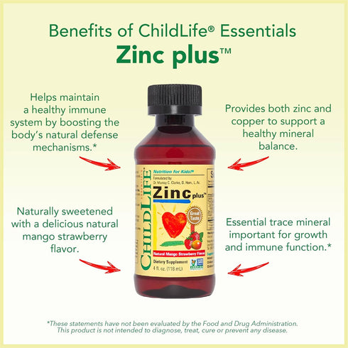CHILDLIFE ESSENTIALS Liquid Zinc Plus for Kids - Immune Support Supplement Drops, Mango Strawberry, 4 Fl Oz