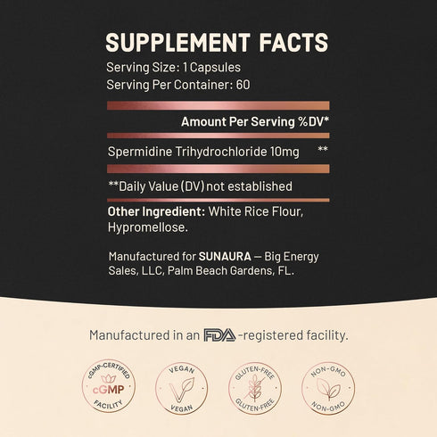 SUNAURA 10 3HCl) 60 Spermidine Supplement mg (Spermidine High Potency Autophagy & Cellular Renewal Support Longevity
