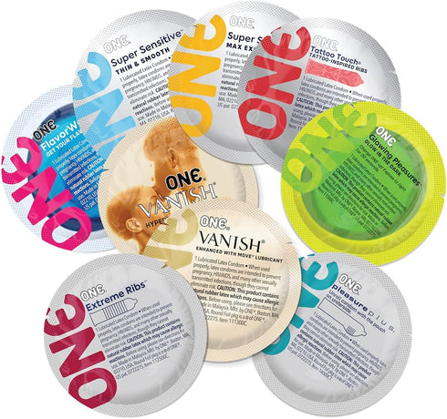 Pack 24 Count ONE Condoms Mixed Pleasures Variety | Ultra Thin, Glowing, Flavored, and Textured Condoms |