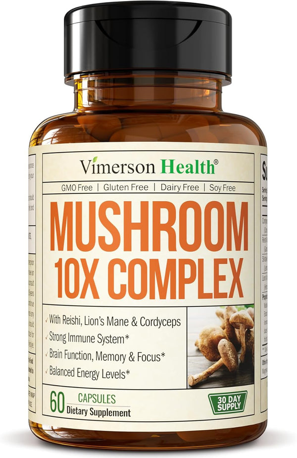 10-in-1 Mushroom Powder Supplement - Lion’s Mane, Reishi, Cordyceps, Chaga & more, 60 Turkey Tail Capsules