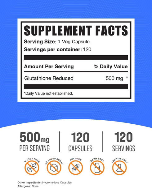 BulkSupplements.com Glutathione Reduced Capsules - or Reduced Glutathione, Glutathione Supplement, Glutathione 500mg - Gluten Free, 1 Capsule Per Serving, 120 Capsules (Pack of 1)