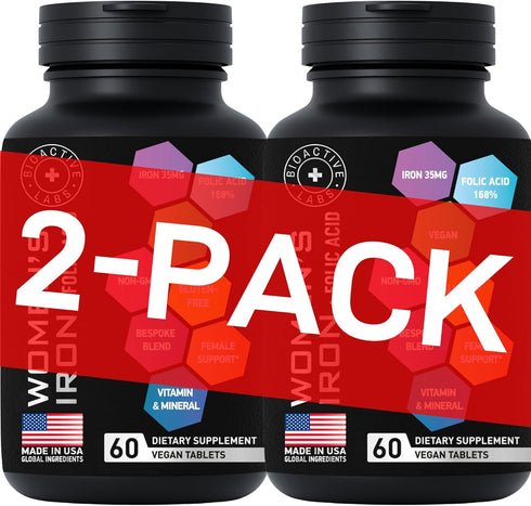 Vegan Iron Supplements for Women with Folic Acid - 120 Gentle Iron Tablets, 2-Pack for Anemia and Pregnancy