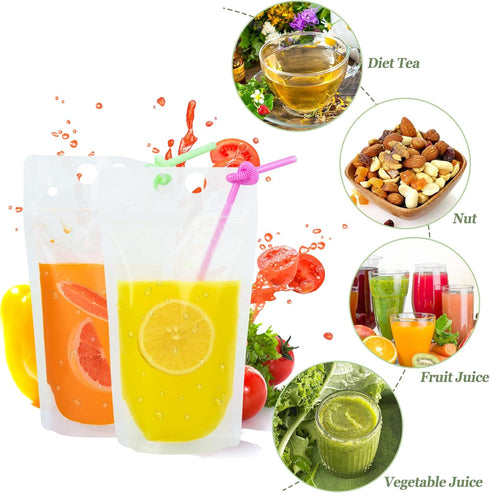Ozera 100 16 oz Drink Pouches, Pcs Reusable Drink Juice Pouches for Adults, Heavy Duty Pouches for Adults with Straw