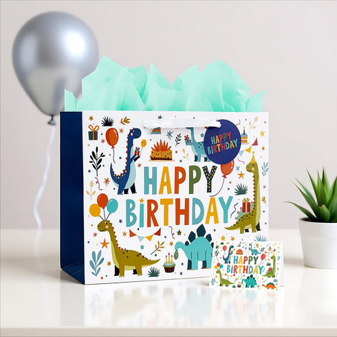 LEAYUGF 13.8" Large Dinosaur Gift Bag with Tissue Paper and Card For Kids Boys Birthday Dinosaur Themed Party Supplies