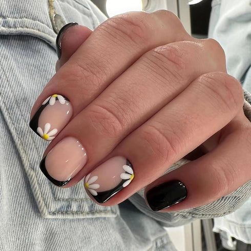Press on Nails Short Square Black French Fake Nails, 24 Pcs Full Cover with Designs for Women and Girls.