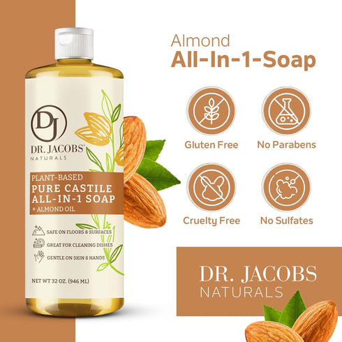 Dr. Jacobs Naturals Almond Castile All-In-One Cleaner and Soap, Plant-Based Formula for House Cleaning (32 Fl Oz, 2