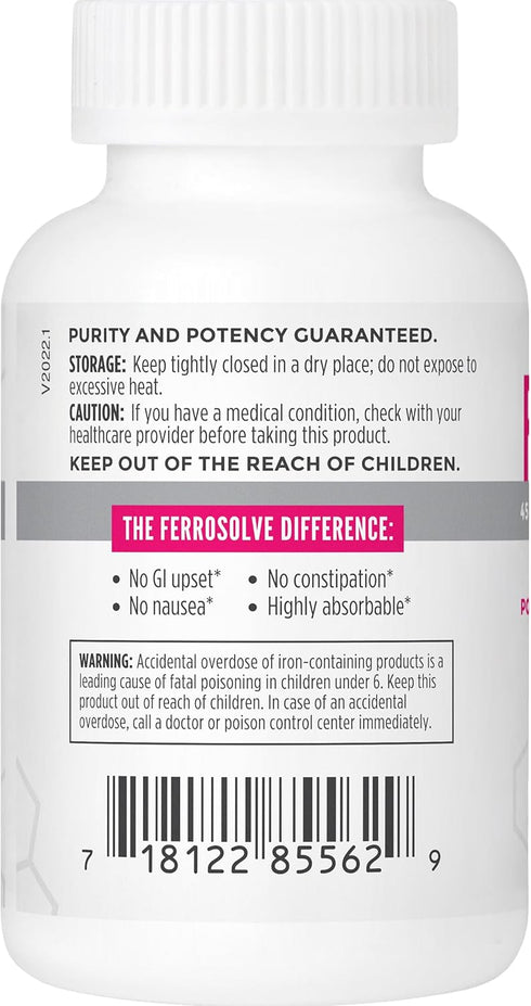 FerroSolve Best Absorption Iron Supplement, 45 mg, High Potency, GI Safe, 30ct Veggie Capsules