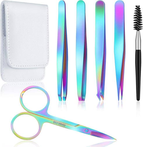 Honoson 6 Pcs Eyebrow Tweezers Set for Women, Precision Tweezers with Curved Scissors and Eyelash Brush, Rainbow Color