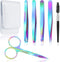 Honoson 6 Pcs Eyebrow Tweezers Set for Women, Precision Tweezers with Curved Scissors and Eyelash Brush, Rainbow Color