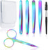 Honoson 6 Pcs Eyebrow Tweezers Set for Women, Precision Tweezers with Curved Scissors and Eyelash Brush, Rainbow Color