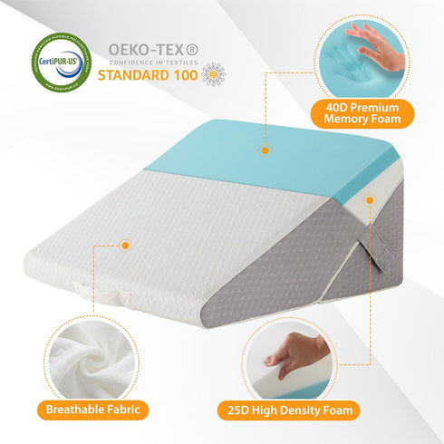 Bed Wedge Pillow for Sleeping, 9&12 Inch Adjustable Memory Foam Triangle Pillow for Back Pain Relief, White/Grey