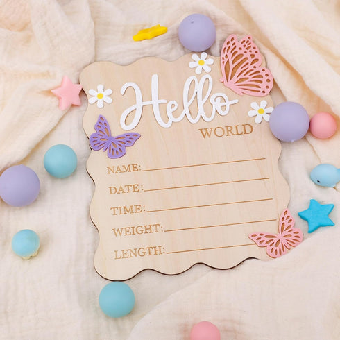 lasuroa Butterfly Daisy Hello World Newborn Sign, Wooden Baby Birth Announcement Board Newborn Welcome Decoration