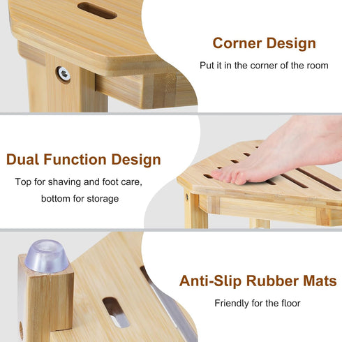 13.8in, Boulphia Shower Foot Rest Bamboo Shower Stool for Shaving Legs, Waterproof Corner Shower Stool with Storage