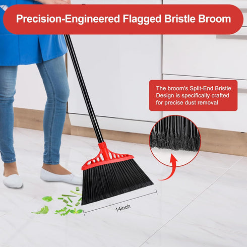 Heavy Duty Broom with 55" Long Handle - Black and Red Angle Broom for Indoor, Outdoor, Kitchen