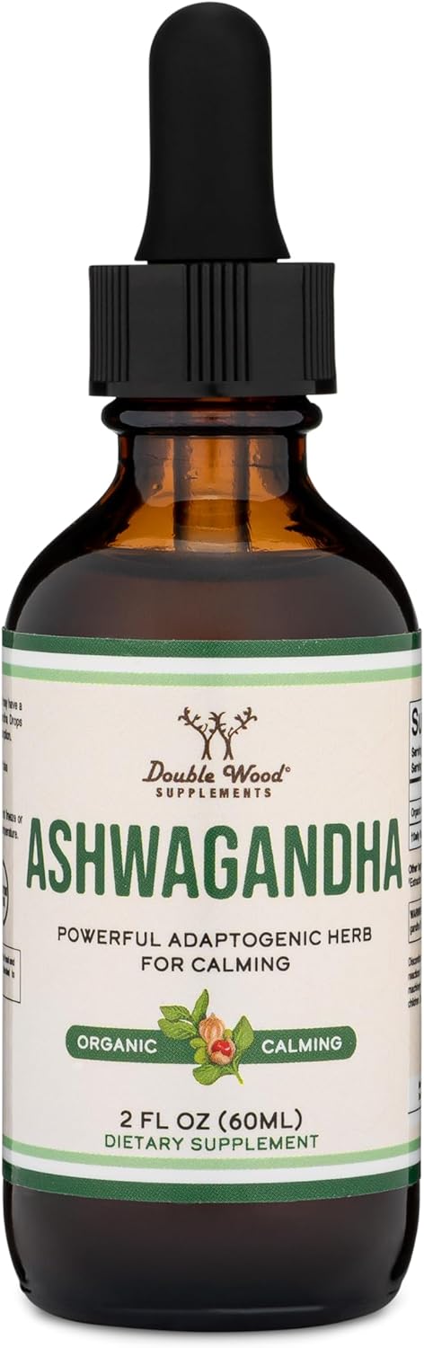 Double Wood Ashwagandha Organic Drops for Stress Relief (1,200mg, 60 Servings) - Adrenal Support, Cortisol Manager