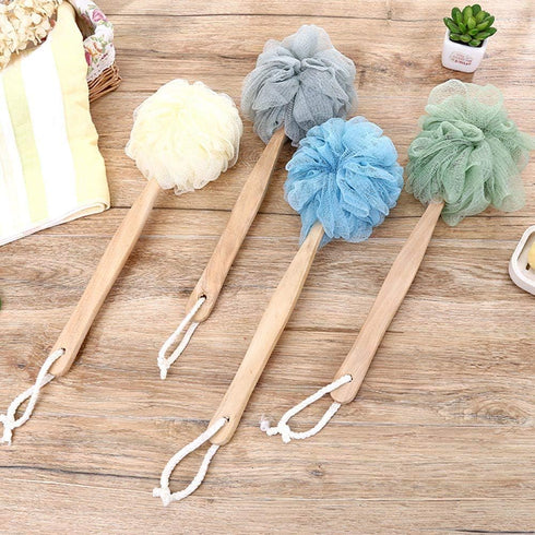 Loofah Back Scrubber for Shower, Wooden Handle Bath Sponge, Soft Nylon Mesh Back Cleaner, Body Brush for Women