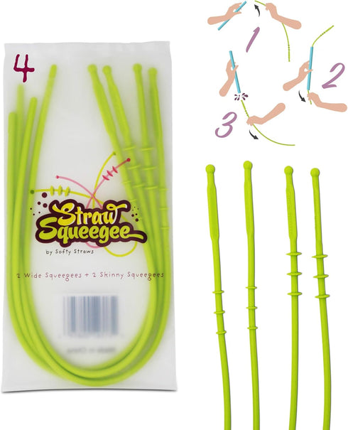 Straw Squeegee Cleaning Tool 4 Pack - BPA Dishwasher Safe Silicone Brush for Reusable Softy Straws (2 Small, 2 Wide)