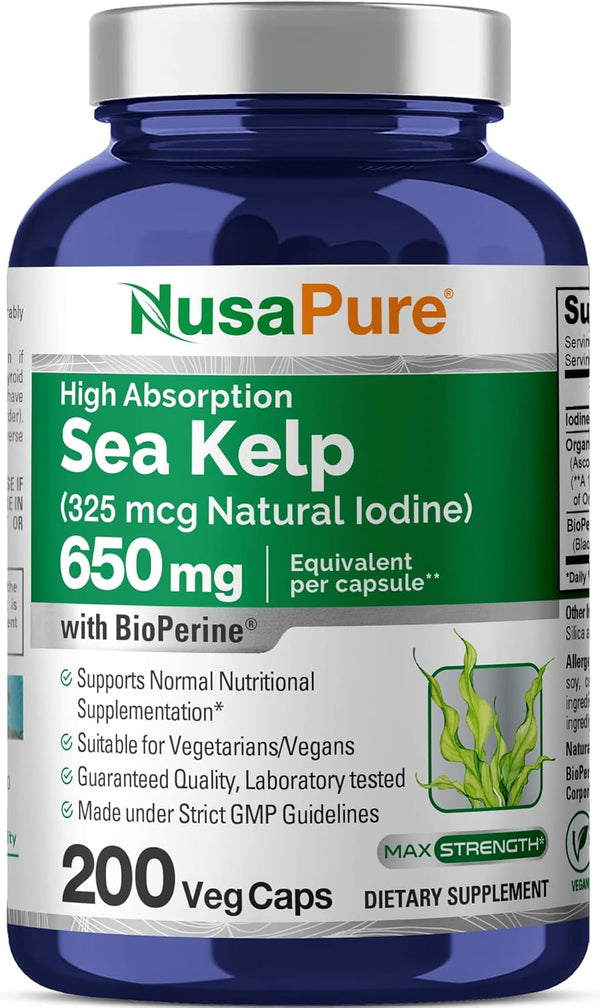 NusaPure High Absorption Sea Kelp Iodine, 325mcg, 650 mg per Veggie Capsule, 200 Count, Non-GMO, Vegan