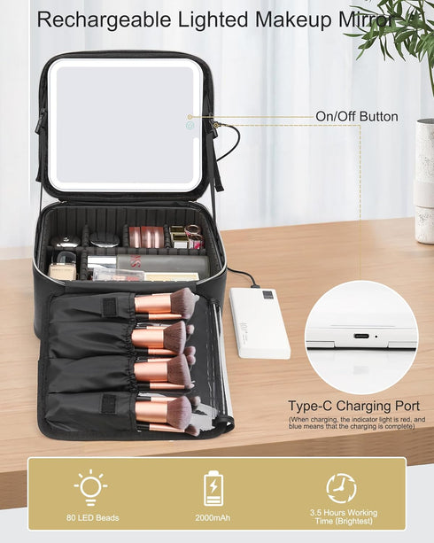 Relavel Makeup Bag with Light Up Mirror, Travel Cosmetic Organizer, Rechargeable Vanity Mirror with 3 Color Lights