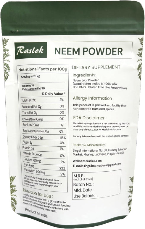 Neem Powder - 100% Pure and Natural Supplement for Skin, Hair and Detox (3.52 oz)