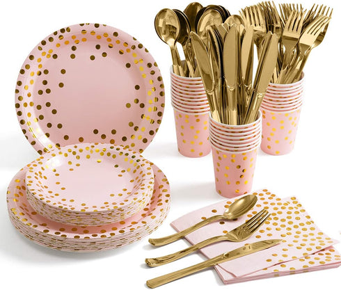 HOMIX Pink and Gold Party Supplies, Disposable 175Pcs Gold Dots on Pink Paper