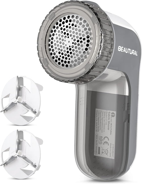 BEAUTURAL Fabric Shaver and Lint Remover, Battery Operated Sweater Defuzzer with 2 Replaceable Blades, Gray