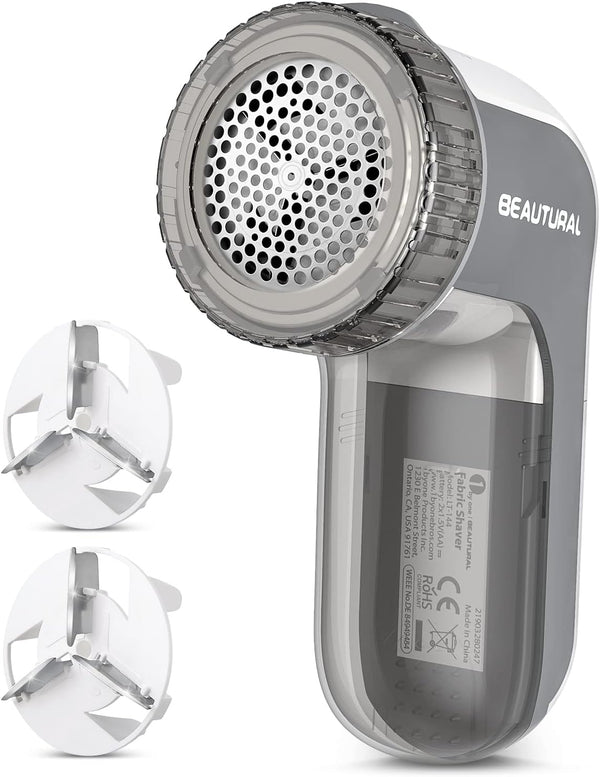 BEAUTURAL Fabric Shaver and Lint Remover, Battery Operated Sweater Defuzzer with 2 Replaceable Blades, Gray