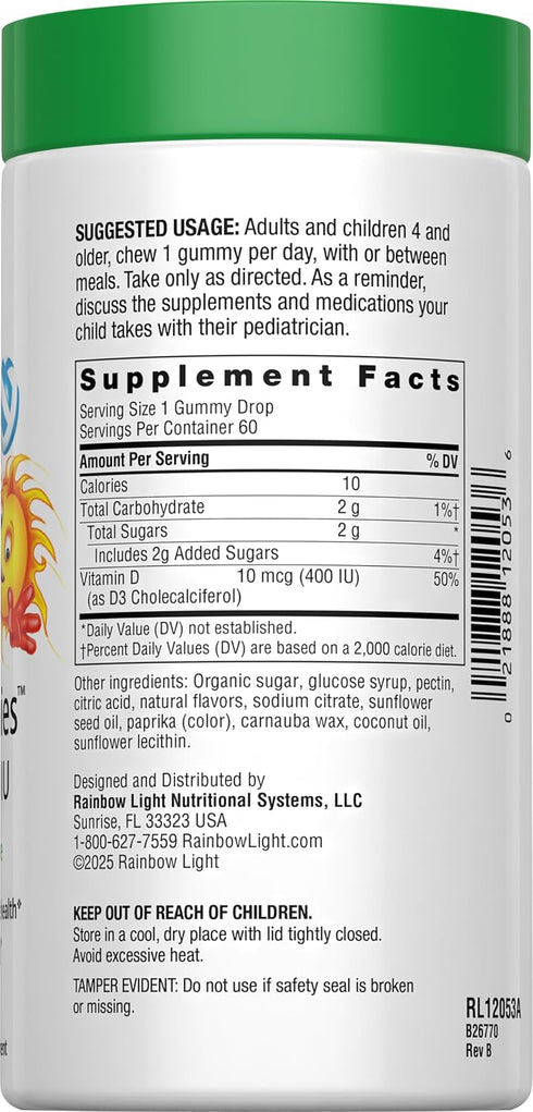 Gummies D3 400 60 Count, Immune Rainbow Light - Sunny Vitamin IU, Health, Tangy Tangerine Flavor