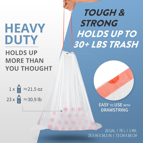 20 Gallon Trash Bags (102 Count) - Extra Strong Large Garbage Bags with Drawstring for Kitchen, Commercial, Office Use
