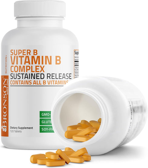 Bronson Super B Vitamin B Complex, 120 Tablets, Sustained Slow Release, Contains All B Vitamins