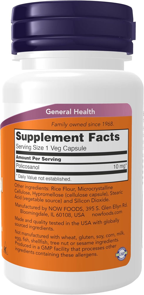 NOW Supplements, Policosanol 10 mg, Blend of Long-Chain Fatty alcohols (LCFAs) Derived from Sugar Cane, 90 Veg Capsules