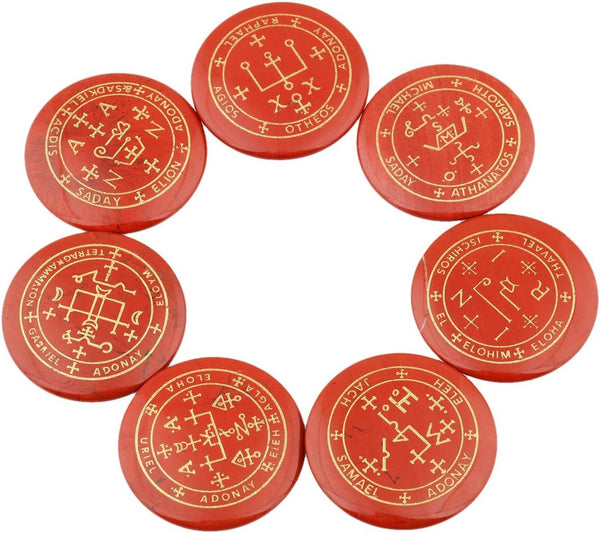 Rockcloud Healing Crystal 7pcs Engraved Magic Circle Round Palm Stones, Spiritual Powers, Red Jasper