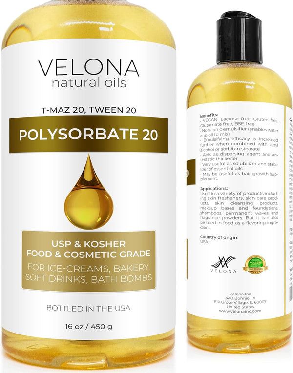 Polysorbate 20 by Velona, 16 oz Solubilizer, Food & Cosmetic Grade, All Natural for Cooking and Skin Care