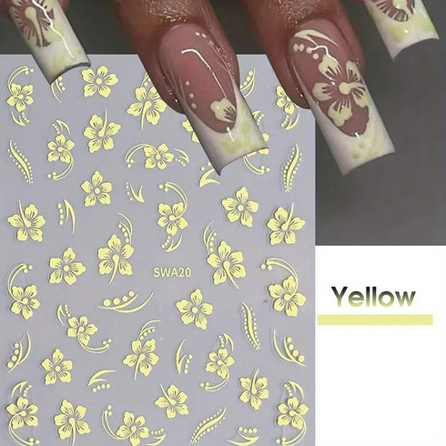 4Pcs Flower Nail Stickers for Nail Art, 3D Self-Adhesive Hibiscus Decals in White Pink Yellow for Women DIY Manicure