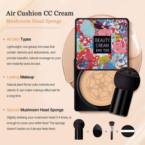 NUIBO Mushroom Head Air Cushion CC Cream Foundation, Moisturizing BB Cream, Long Lasting Matte Concealer with 2PCS