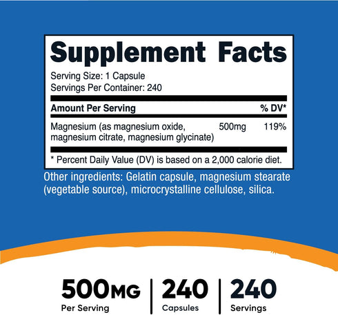 Nutricost Magnesium Complex 500mg, 240 Capsules - Magnesium Oxide, Citrate, and Glycinate - Gluten Free and Non-GMO