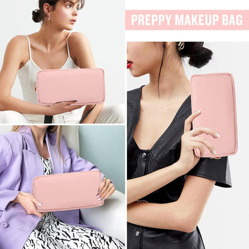 Nylon Small Makeup Bag for Purse, Cute Preppy Pink Cosmetic Zipper Pouch, Waterproof