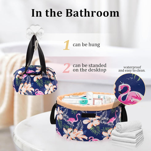 Large Barrel Drawstring Makeup Bag, Portable Cosmetic Organizer for Travel Accessories and Hair Products (Flamingo Dark