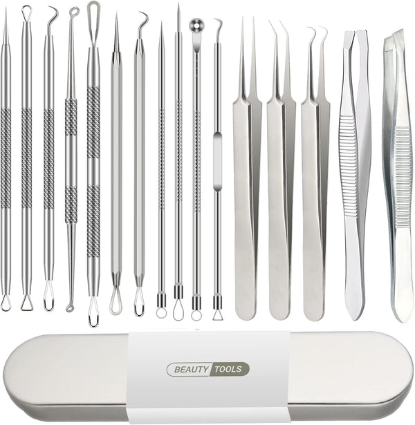 Pimple Popper Tool Kit, 16 PCS Professional Blackhead Remover Tools, Stainless Tweezers & Comedone Extractor