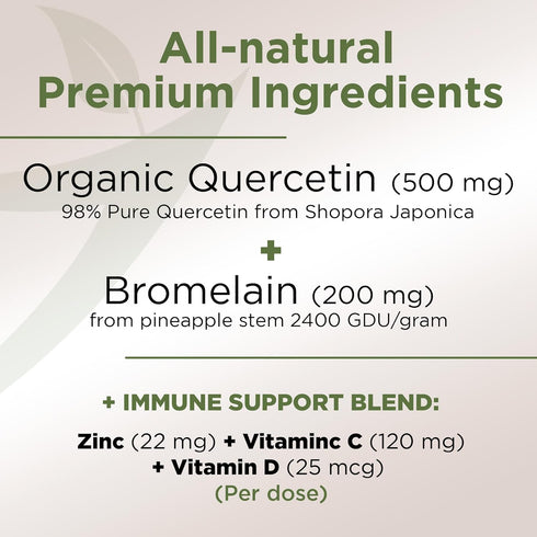 Organic Quercetin with Bromelain, 500mg Quercetin Supplements, Vitamin C and Zinc, Bioflavonoids for Healthy Immune